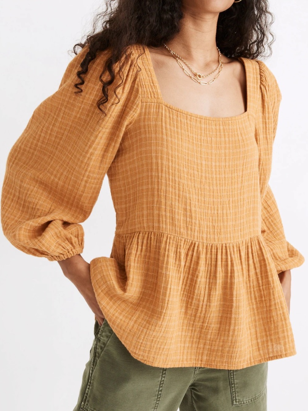 Madewell Lightspun Millbrook Puff-Sleeve Peplum Top Windowpane cotton gauze S